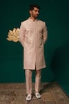Shop_Niloufer By Aasif Ally_Pink Silk Embroidery, Stones Zardozi And Cutdana Handwork Sherwani & Pant Set _Online_at_Aza_Fashions