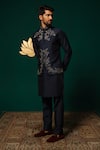 Shop_Niloufer By Aasif Ally_Navy Silk Embroidery, Stones Zardozi And Cut Dana Nehru Jacket Set 