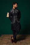 Niloufer By Aasif Ally_Navy Silk Embroidery, Stones Zardozi And Cut Dana Nehru Jacket Set _Online