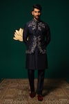 Buy_Niloufer By Aasif Ally_Navy Silk Embroidery, Stones Zardozi And Cut Dana Nehru Jacket Set _at_Aza_Fashions