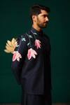 Shop_Niloufer By Aasif Ally_Navy Silk Hand-painted Floral Nehru Jacket Kurta And Pant Set _Online_at_Aza_Fashions