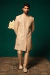 Shop_Niloufer By Aasif Ally_Peach Silk Cut Work, Zari, Mirrors, Dana Zardozi And Handwork Sherwani Set _Online_at_Aza_Fashions