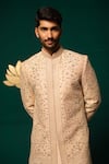 Buy_Niloufer By Aasif Ally_Peach Silk Cut Work, Zari, Mirrors, Dana Zardozi And Handwork Sherwani Set 