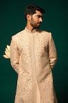 Shop_Niloufer By Aasif Ally_Peach Silk Cut Work, Zari, Mirrors, Dana Zardozi And Handwork Sherwani Set 