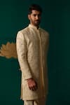 Niloufer By Aasif Ally_Ivory Silk Embroidery, Stones, Mirrors Cut Dana Zardozi And Handwork Sherwani Set _Online_at_Aza_Fashions