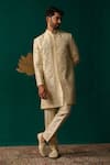 Buy_Niloufer By Aasif Ally_Ivory Silk Embroidery, Stones, Mirrors Cut Dana Zardozi And Handwork Sherwani Set _at_Aza_Fashions