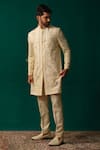 Niloufer By Aasif Ally_Ivory Silk Embroidery, Stones, Mirrors Cut Dana Zardozi And Handwork Sherwani Set _Online