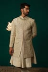 Niloufer By Aasif Ally_Ivory Silk Embroidery, Sequins Zardozi And Sequence Handwork Sherwani Set _at_Aza_Fashions
