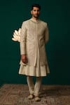Buy_Niloufer By Aasif Ally_Ivory Silk Embroidery, Sequins Zardozi And Sequence Handwork Sherwani Set _at_Aza_Fashions