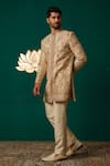 Niloufer By Aasif Ally_Gold Silk Embroidery, Zari Zardozi And Cutdana Sherwani & Pant _at_Aza_Fashions