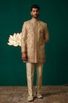 Buy_Niloufer By Aasif Ally_Gold Silk Embroidery, Zari Zardozi And Cutdana Sherwani & Pant _at_Aza_Fashions
