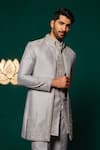 Buy_Niloufer By Aasif Ally_Gray Silk Embroidery, Stones, Sequins Zardozi And Cut Dana Handwork Sherwani Set _Online_at_Aza_Fashions