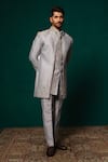 Niloufer By Aasif Ally_Gray Silk Embroidery, Stones, Sequins Zardozi And Cut Dana Handwork Sherwani Set _at_Aza_Fashions