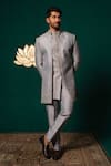 Shop_Niloufer By Aasif Ally_Gray Silk Embroidery, Stones, Sequins Zardozi And Cut Dana Handwork Sherwani Set 