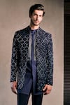 Tisa - Men_Navy Viscose, Polyester, Rayon Embroidery Geometric Bandhgala Set _at_Aza_Fashions