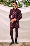 Buy_Tisa - Men_Burgundy Viscose, Polyester Embroidery Maple Motif Bandhgala With Pant _at_Aza_Fashions