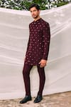 Tisa - Men_Burgundy Viscose, Polyester Embroidery Maple Motif Bandhgala With Pant _Online_at_Aza_Fashions