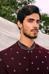Tisa - Men_Burgundy Viscose, Polyester Embroidery Maple Motif Bandhgala With Pant _at_Aza_Fashions