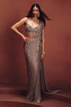 Awigna_Gray Lycra, Net Embroidery, Sequins Metallic Pre-draped Saree With Blouse _Online_at_Aza_Fashions