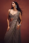 Buy_Awigna_Gray Lycra, Net Embroidery, Sequins Metallic Pre-draped Saree With Blouse _Online_at_Aza_Fashions