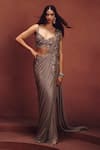 Buy_Awigna_Gray Lycra, Net Embroidery, Sequins Metallic Pre-draped Saree With Blouse _at_Aza_Fashions