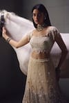 Awigna_Ivory Net Embroidery, Sequins, Beads, Stones Square Neck Lehenga Set _Online_at_Aza_Fashions