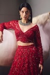 Awigna_Red Net, Organza Sequins, Beads, Embroidery Bridal Embellished Lehenga Set _at_Aza_Fashions