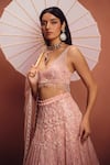 Awigna_Pink Net Embroidery, Sequins, Fringe, Stones V-neck Lehenga Set _Online_at_Aza_Fashions