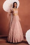 Buy_Awigna_Pink Net Embroidery, Sequins, Fringe, Stones V-neck Lehenga Set _at_Aza_Fashions