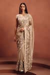 Buy_Awigna_Ivory Organza Embroidery, Sequins, Beads V-neck Embellished Saree With Blouse _at_Aza_Fashions