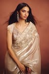 Awigna_Ivory Organza Embroidery, Sequins, Beads V-neck Embellished Saree With Blouse _Online_at_Aza_Fashions