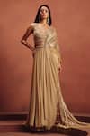 Shop_Awigna_Gold Lycra Fringe, Embroidery, Beads, Zari V-neck Draped Saree With Blouse _at_Aza_Fashions