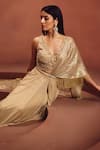 Shop_Awigna_Gold Lycra Fringe, Embroidery, Beads, Zari V-neck Draped Saree With Blouse _Online_at_Aza_Fashions