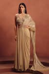 Buy_Awigna_Gold Lycra Fringe, Embroidery, Beads, Zari V-neck Draped Saree With Blouse _at_Aza_Fashions
