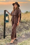 Kay Kay_Brown Denim Embroidery Collared Kennedi Shirt And Pant Co-ord Set _at_Aza_Fashions