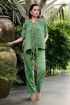 Buy_Kay Kay_Green Denim Embroidery Collared Yaeko Tie-up Shirt And Pant Co-ord Set _at_Aza_Fashions