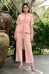 Buy_Kay Kay_Peach Denim Applique Collared Faye Tie-up Shirt And Pant Co-ord Set _at_Aza_Fashions