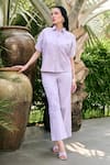 Buy_Kay Kay_Lavender Denim Embroidery Collared Blayze Shirt And Pant Co-ord Set _at_Aza_Fashions