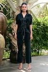 Buy_Kay Kay_Black Denim Embroidery Collared, V-neck Ciri Tie-up Shirt And Pant Co-ord Set _at_Aza_Fashions
