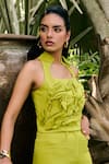 Buy_Kay Kay_Olive Green Crepe Applique Halter Neck Noire Top And Pant Co-ord Set _Online_at_Aza_Fashions