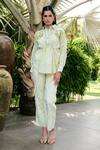 Buy_Kay Kay_Mint Cotton Embroidery, Sequins Collared Iris Shirt And Pant Co-ord Set _at_Aza_Fashions
