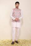 Buy_Neha Gursahani_Pink Satin, Linen Printed Bandhgala Jacket With Kurta And Pant _at_Aza_Fashions