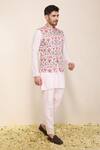 Neha Gursahani_Pink Satin, Linen Printed Bandhgala Jacket With Kurta And Pant _Online_at_Aza_Fashions