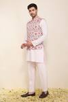 Neha Gursahani_Pink Satin, Linen Printed Bandhgala Jacket With Kurta And Pant _at_Aza_Fashions