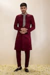 Buy_Neha Gursahani_Maroon Satin, Linen Embroidery Placket Sherwani And Narrow Pants _at_Aza_Fashions