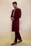 Neha Gursahani_Maroon Satin, Linen Embroidery Placket Sherwani And Narrow Pants _Online_at_Aza_Fashions