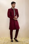 Shop_Neha Gursahani_Maroon Satin, Linen Embroidery Placket Sherwani And Narrow Pants _Online_at_Aza_Fashions