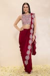 Buy_Neha Gursahani_Wine Georgette Embroidery Round Neck Pre-draped Saree With Blouse _at_Aza_Fashions