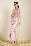 Buy_Neha Gursahani_Pink Satin, Organza Embroidery, Beads, Zari Blouse And Draped Skirt With Cape _Online_at_Aza_Fashions
