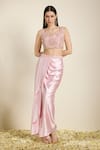 Neha Gursahani_Pink Satin, Organza Embroidery, Beads, Zari Blouse And Draped Skirt With Cape _at_Aza_Fashions